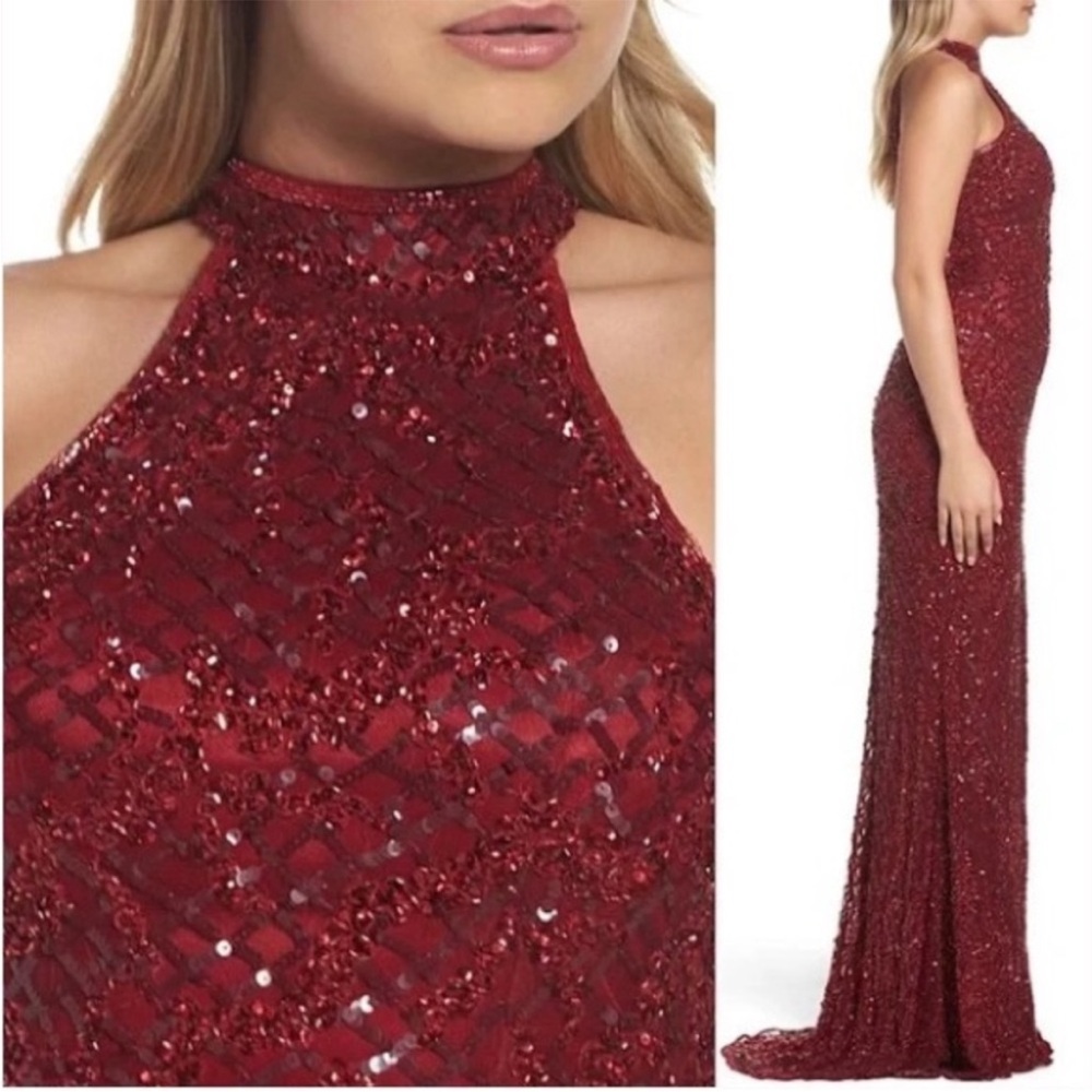 Mac Duggal 4112 Embellished Sequin Halter Backless Column Gown Garnet size 2 - Picture 2 of 6